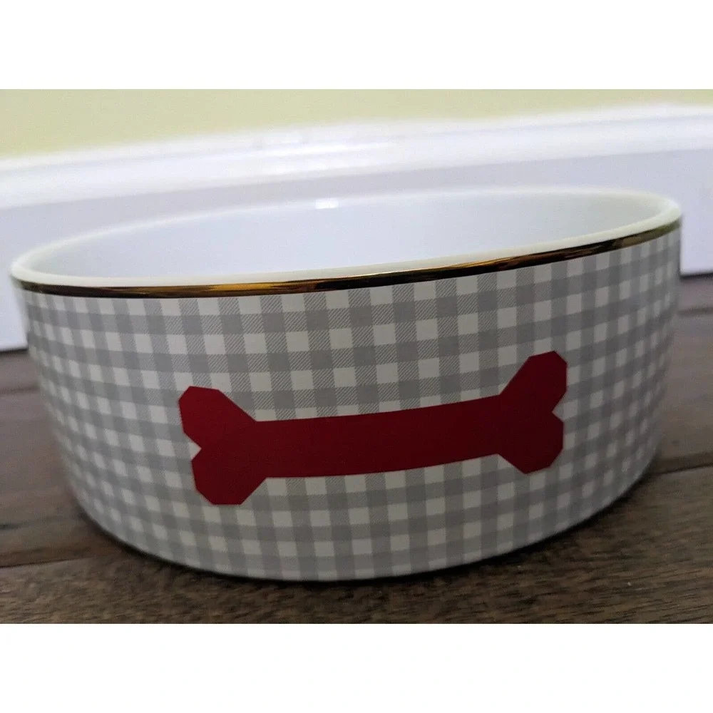 Wit & Delight Ceramic Pet Bowl Gray Gingham Red Dog Bone Gold Rim New Target